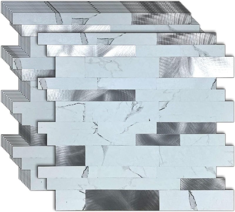 weimeisc 10-Sheet Peel and Stick Backsplash Tile, PVC Mixed Metal Stick on Bathroom Vanities Fireplace Décor, Laundry Table (Light Blue Marble+Frosted Silver) - Image 1